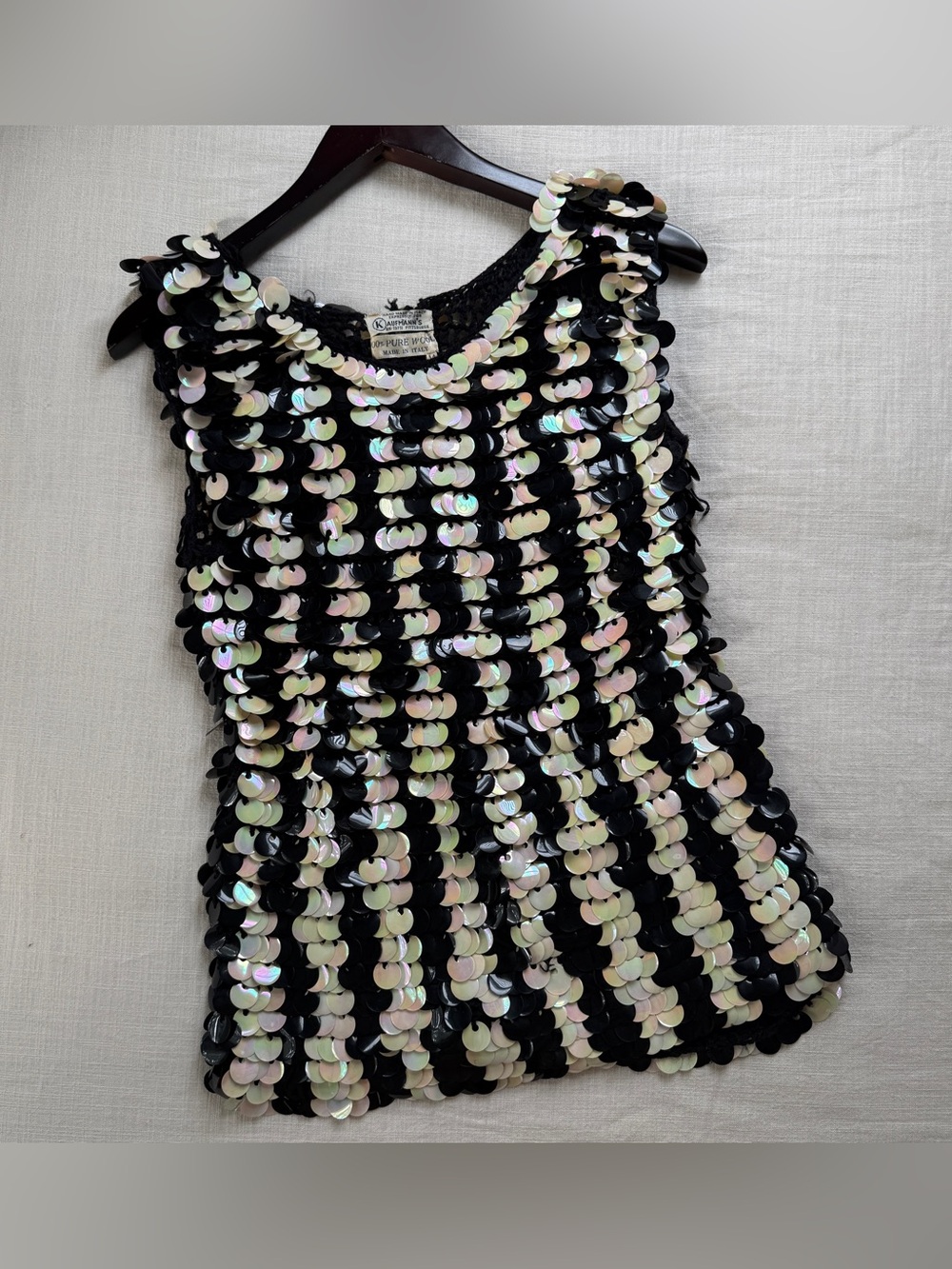 Vintage 60s 70s Kaufmann’s handmade Italian wool sequin crochet top Iridescent M